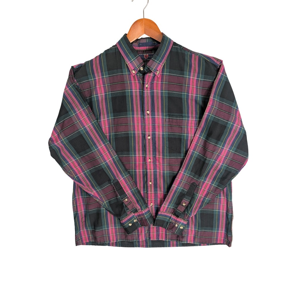 Royal Knight Plaid Button Down Shirt-M XL Burgundy Green Vintage 90s - FLAWED